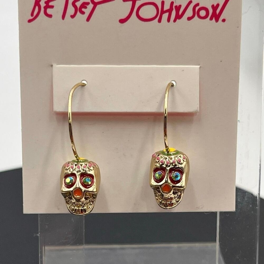 Betsey Johnson Crystal Skeletons & Skulls Gold Tone Earrings Calypso Betsey New